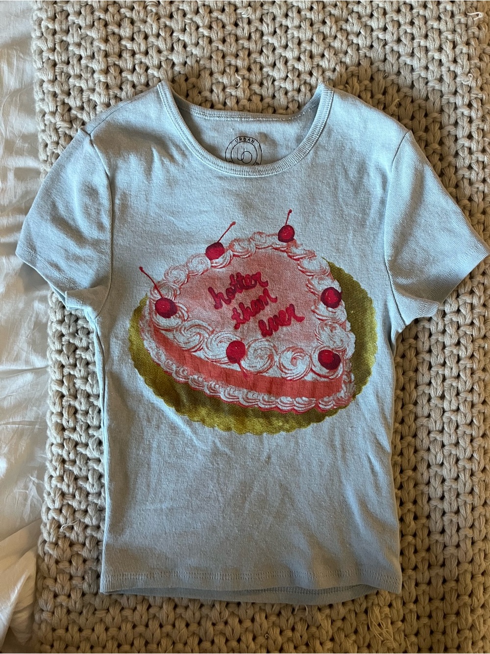 Urban Outfitters Light Blue Tee with Pink Heart Cake Graphic